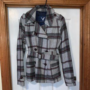 AEO Wool Blend Plaid Peacoat with Buttons & Belt